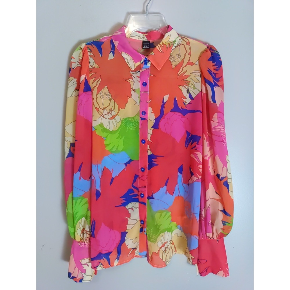 Gomorn Women Multicolor Floral Sheer Long sleeve Collar Shirt Size S‎